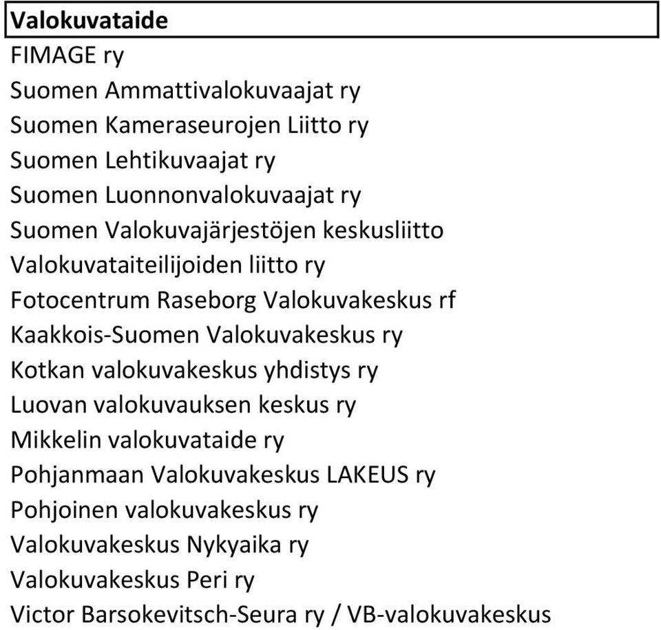 Kaakkois-Suomen Valokuvakeskus ry Kotkan valokuvakeskus yhdistys ry Luovan valokuvauksen keskus ry Mikkelin valokuvataide ry