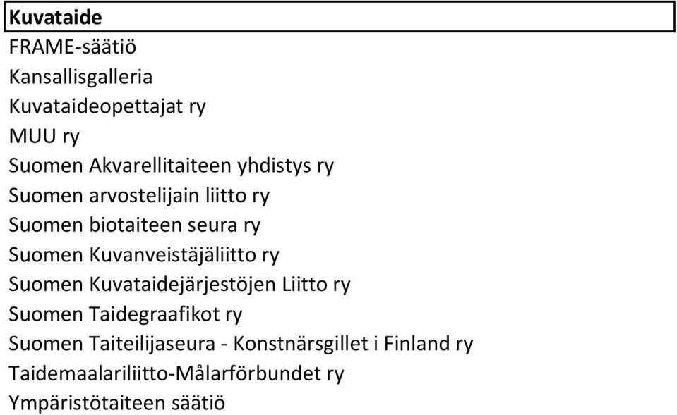 Suomen Kuvanveistäjäliitto ry Suomen Kuvataidejärjestöjen Liitto ry Suomen Taidegraafikot ry