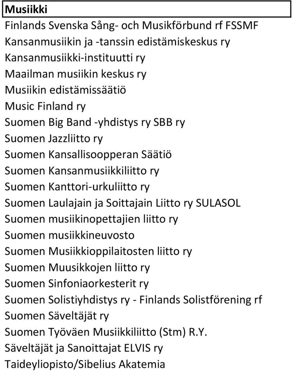 Suomen Laulajain ja Soittajain Liitto ry SULASOL Suomen musiikinopettajien liitto ry Suomen musiikkineuvosto Suomen Musiikkioppilaitosten liitto ry Suomen Muusikkojen liitto ry Suomen