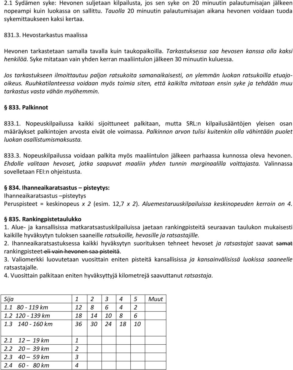 Tarkastuksessa saa hevosen kanssa olla kaksi henkilöä. Syke mitataan vain yhden kerran maaliintulon jälkeen 30 minuutin kuluessa.