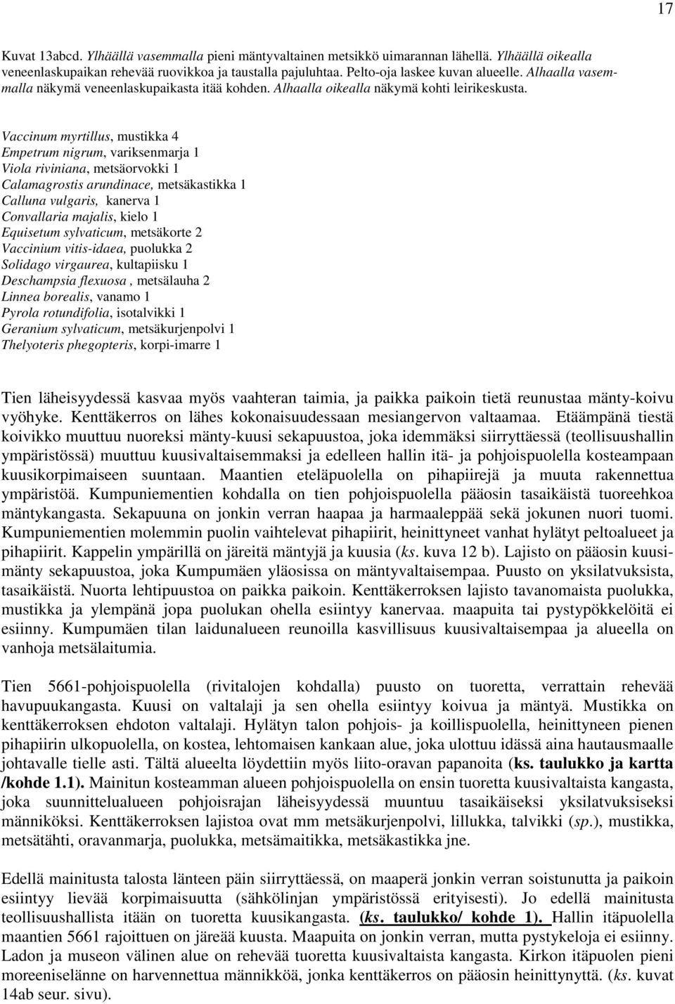 Vaccinum myrtillus, mustikka 4 Empetrum nigrum, variksenmarja 1 Viola riviniana, metsäorvokki 1 Calamagrostis arundinace, metsäkastikka 1 Calluna vulgaris, kanerva 1 Convallaria majalis, kielo 1