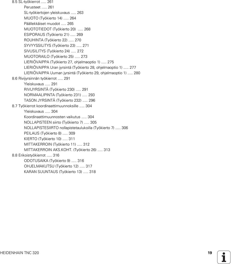 .. 275 LIERIÖVAIPPA Uran jyrsintä (Työkierto 28, ohjelmaoptio 1)... 277 LIERIÖVAIPPA Uuman jyrsintä (Työkierto 29, ohjelmaoptio 1)... 280 8.6 Rivijyrsinnän työkierrot... 291 Yleiskuvaus.