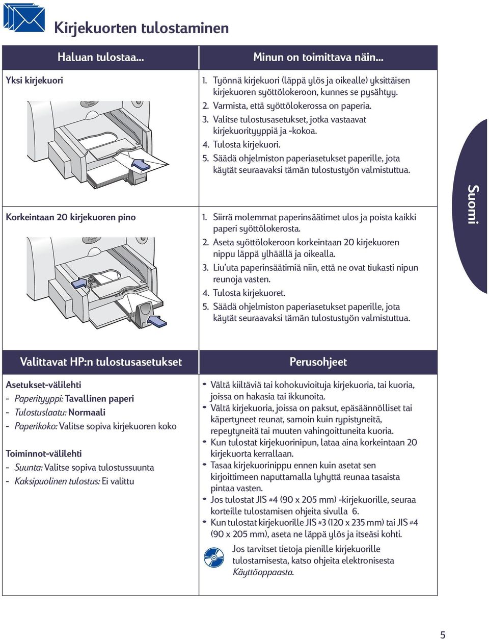 Säädä ohjelmiston paperiasetukset paperille, jota käytät seuraavaksi tämän tulostustyön valmistuttua. Korkeintaan 20 kirjekuoren pino 1.