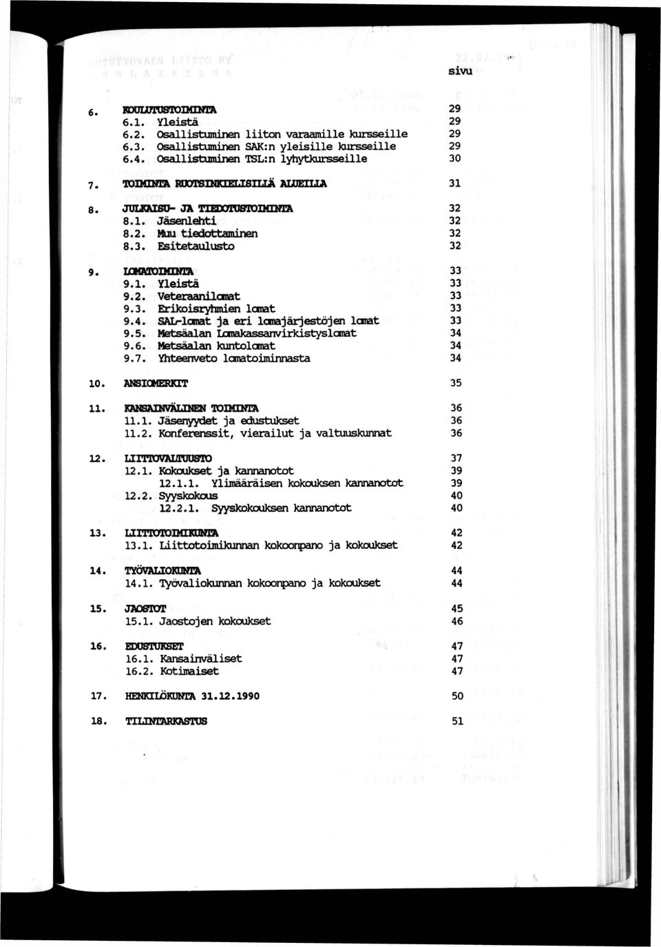 4. SAL-lGoat ja er Icnajärjestojen lanat 9.5. Metsäalan Ixxnakassanvzldstyslcnat 9.6. Metsäalan kuntolcnat 9.7. Yhteenveto lomatomnnasta 29 29 29 29 30 31 32 32 32 32 33 33 33 33 33 34 34 34 1 10.