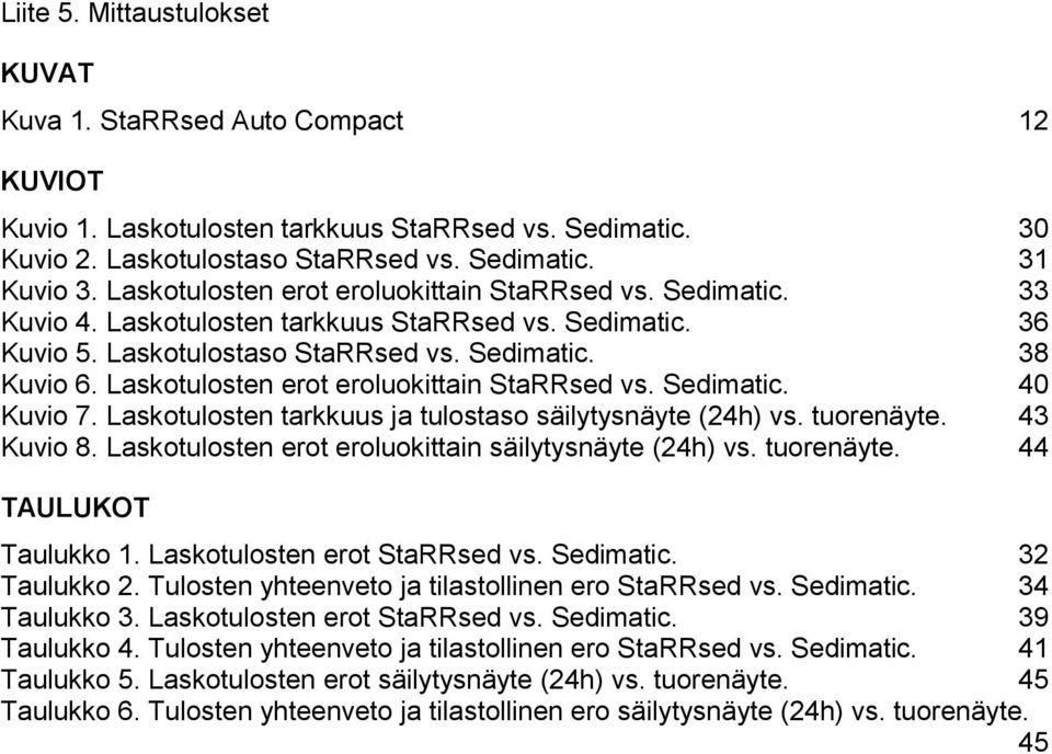 Laskotulosten erot eroluokittain StaRRsed vs. Sedimatic. 40 Kuvio 7. Laskotulosten tarkkuus ja tulostaso säilytysnäyte (24h) vs. tuorenäyte. 43 Kuvio 8.