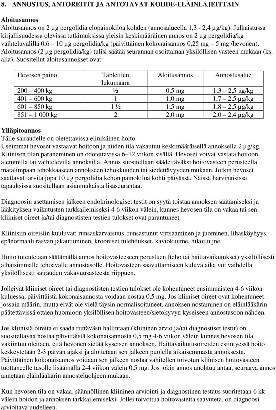Aloitusannos (2 µg pergolidia/kg) tulisi säätää seurannan osoittaman yksilöllisen vasteen mukaan (ks. alla).