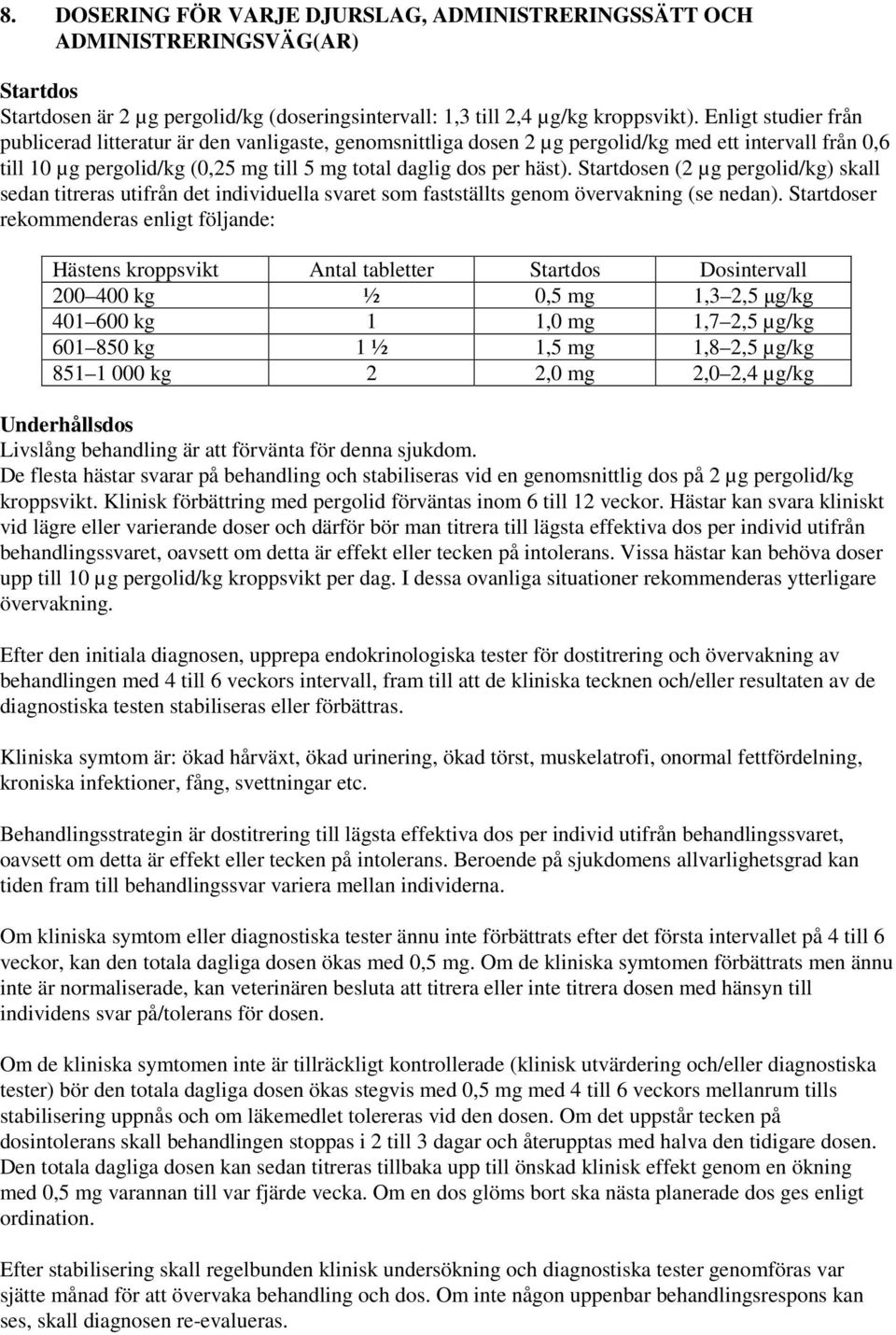 Startdosen (2 µg pergolid/kg) skall sedan titreras utifrån det individuella svaret som fastställts genom övervakning (se nedan).