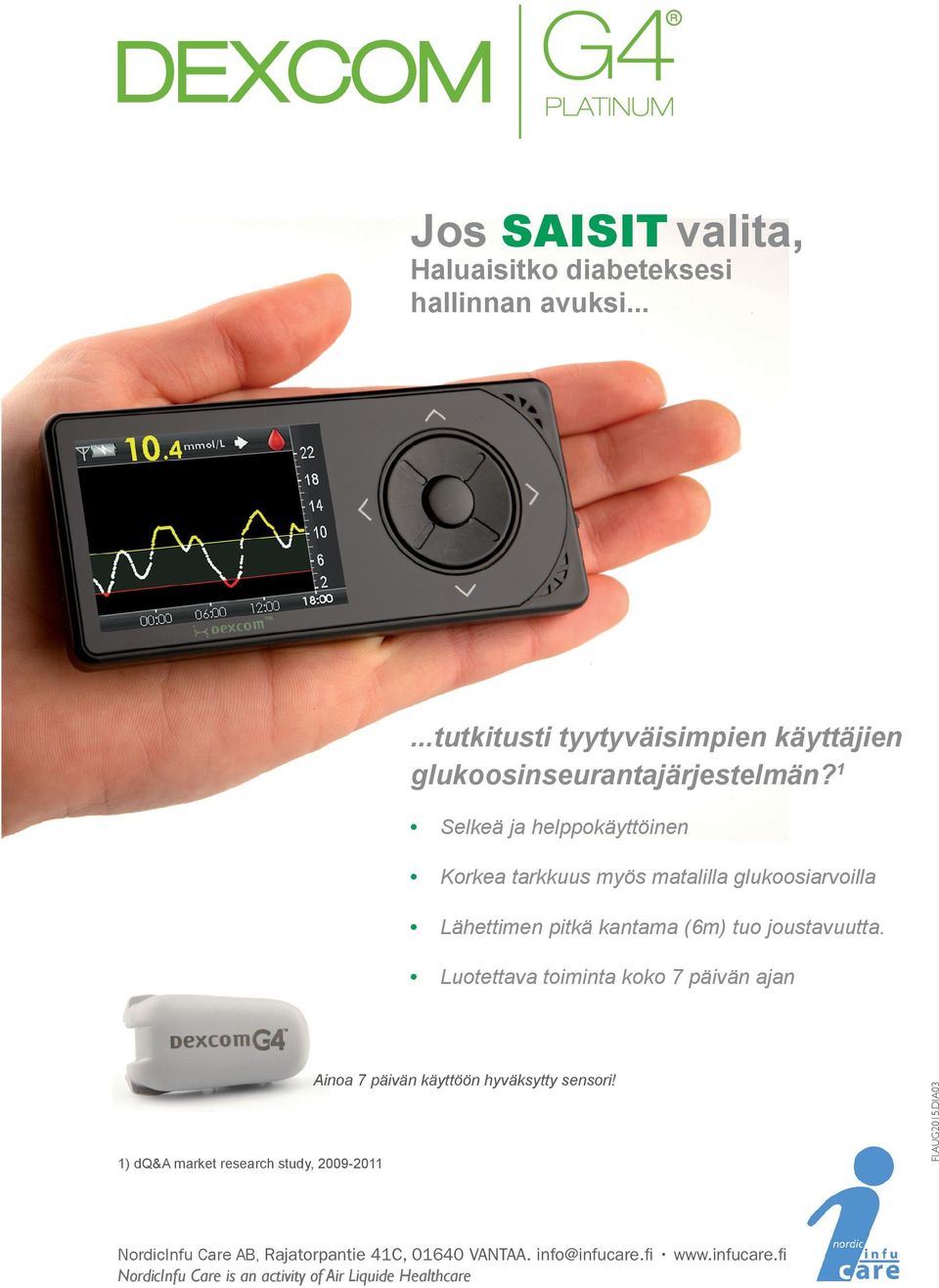 Luotettava toiminta koko 7 päivän ajan 1) dq&a market research study, 2009-2011 Ainoa 7 päivän käyttöön hyväksytty sensori! FI.AUG2015.