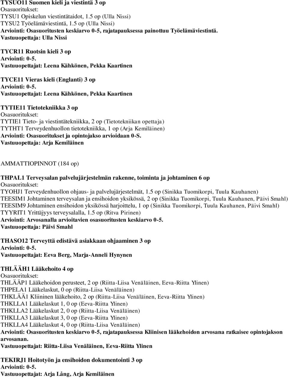 Vastuuopettaja: Ulla Nissi TYCR11 Ruotsin kieli 3 op Vastuuopettajat: Leena Kähkönen, Pekka Kaartinen TYCE11 Vieras kieli (Englanti) 3 op Vastuuopettajat: Leena Kähkönen, Pekka Kaartinen TYTIE11