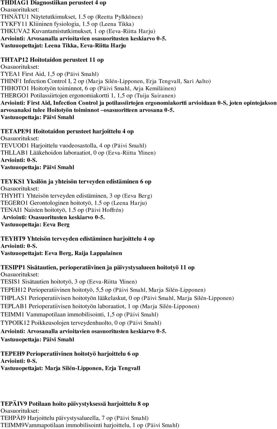 Vastuuopettajat: Leena Tikka, Eeva-Riitta Harju THTAP12 Hoitotaidon perusteet 11 op TYEA1 First Aid, 1,5 op (Päivi Smahl) THINF1 Infection Control I, 2 op (Marja Silén-Lipponen, Erja Tengvall, Sari