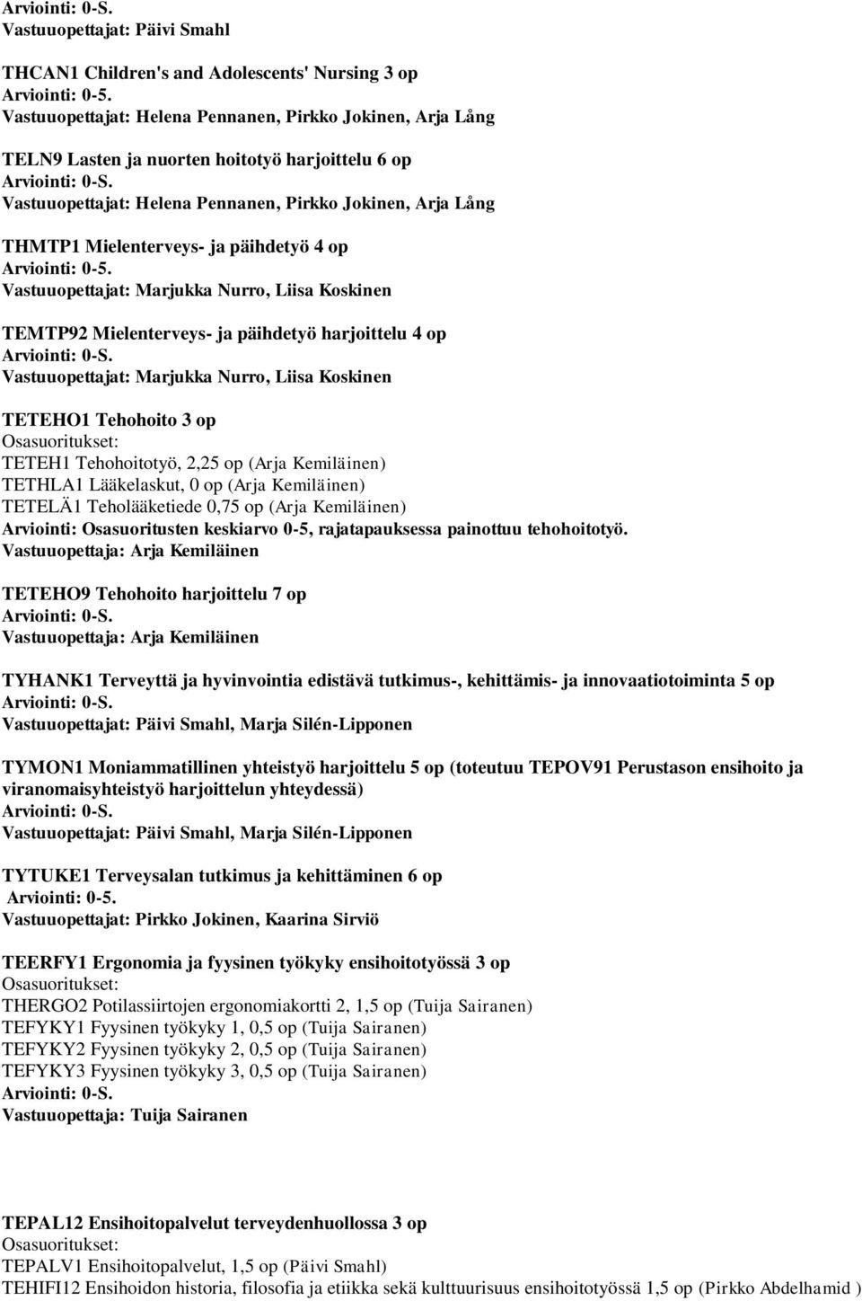 op Vastuuopettajat: Marjukka Nurro, Liisa Koskinen TETEHO1 Tehohoito 3 op TETEH1 Tehohoitotyö, 2,25 op (Arja Kemiläinen) TETHLA1 Lääkelaskut, 0 op (Arja Kemiläinen) TETELÄ1 Teholääketiede 0,75 op