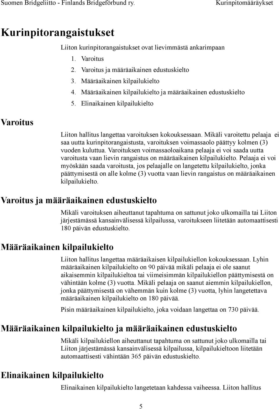 Mikäli varoitettu pelaaja ei saa uutta kurinpitorangaistusta, varoituksen voimassaolo päättyy kolmen (3) vuoden kuluttua.