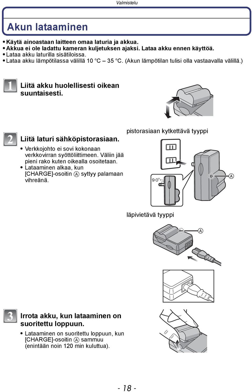 Liitä laturi sähköpistorasiaan. Verkkojohto ei sovi kokonaan verkkovirran syöttöliittimeen. Väliin jää pieni rako kuten oikealla osoitetaan.