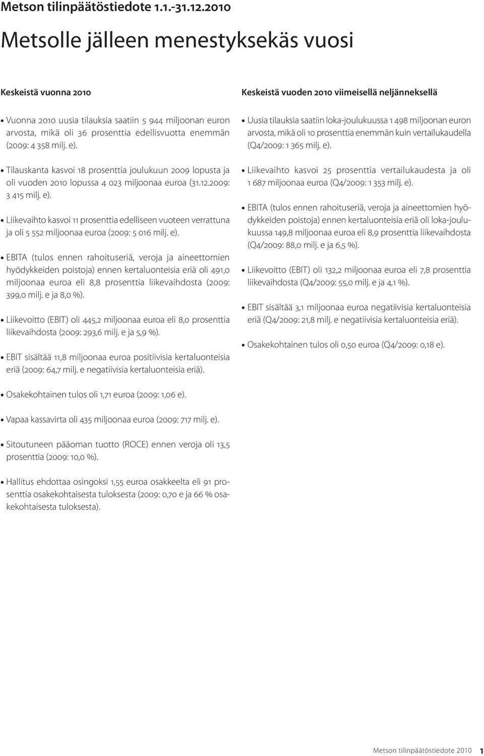 prosenttia edellisvuotta enemmän (2009: 4 358 milj. e). Tilauskanta kasvoi 18 prosenttia joulukuun 2009 lopusta ja oli vuoden 2010 lopussa 4 023 miljoonaa euroa (31.12.2009: 3 415 milj. e). Liikevaihto kasvoi 11 prosenttia edelliseen vuoteen verrattuna ja oli 5 552 miljoonaa euroa (2009: 5 016 milj.