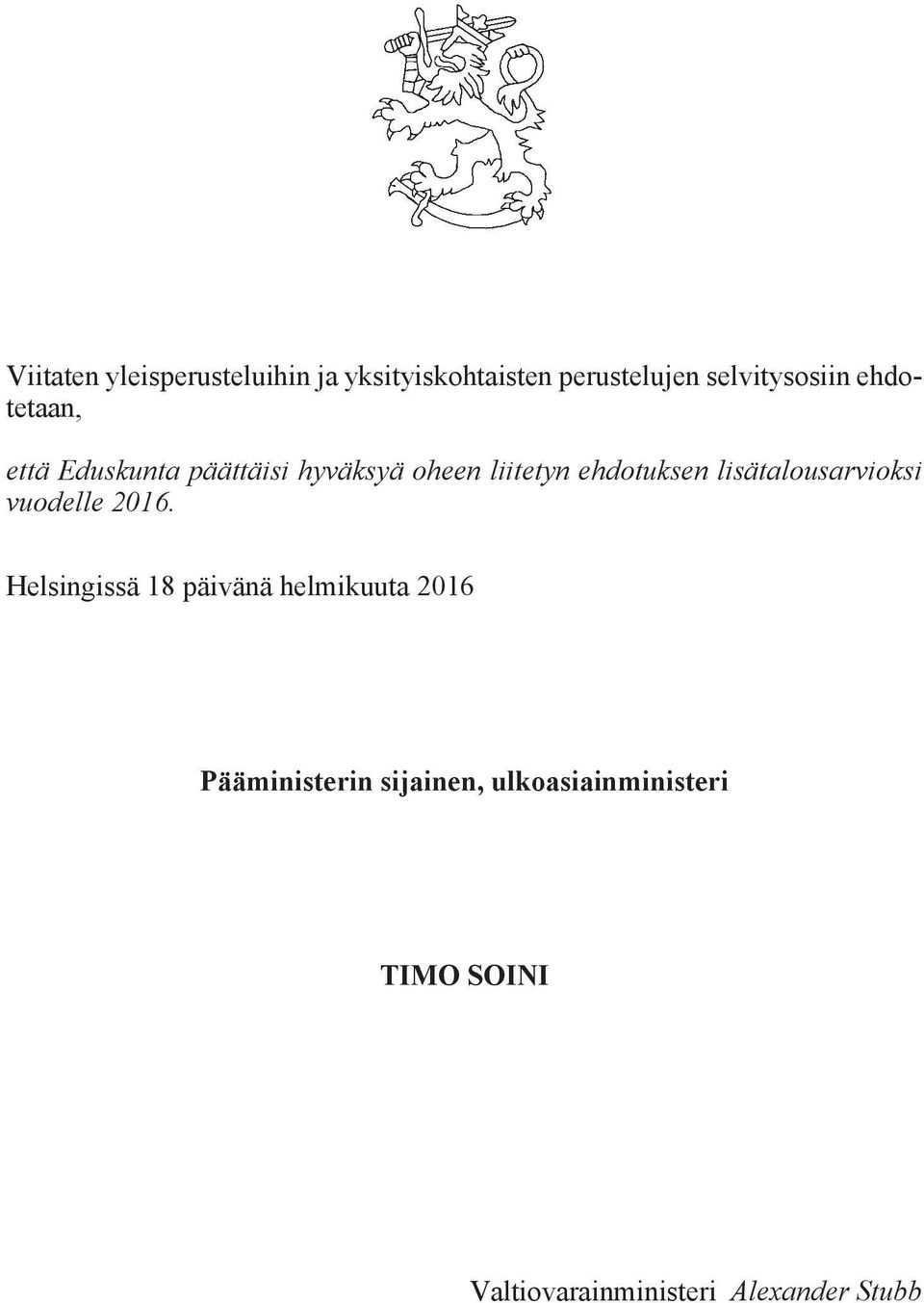 lisätalousarvioksi vuodelle 2016.