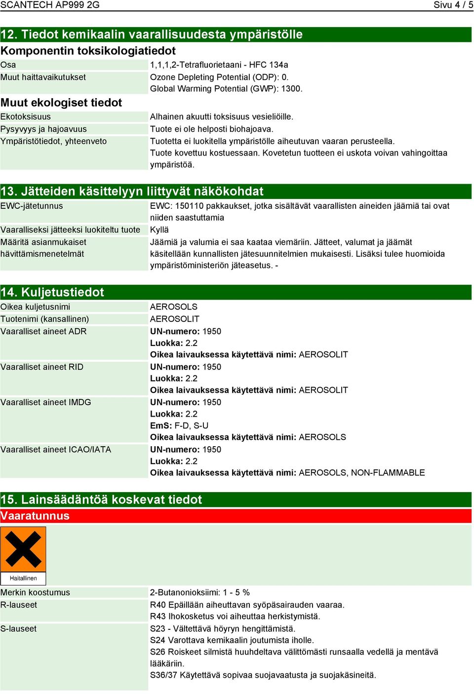 Global Warming Potential (GWP): 1300. Muut ekologiset tiedot Ekotoksisuus Alhainen akuutti toksisuus vesieliöille. Pysyvyys ja hajoavuus Ympäristötiedot, yhteenveto 13.