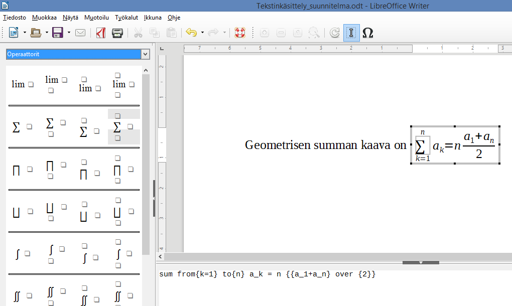 LibreOffice Writer -tekstinkäsittely 9 Kaavat ja erikoismerkit Erikoismerkkien (kuten, ¾ tai vaikka ß) lisääminen onnistuu työkalurivin painikkeella Painikkeesta avautuu ikkuna, josta voidaan valita