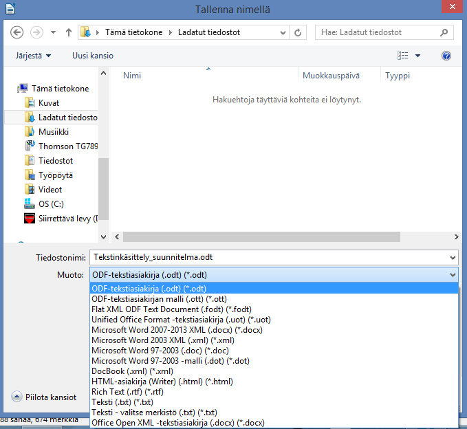 LibreOffice Writer -tekstinkäsittely 10 Dokumentin tallentaminen eri tiedostomuodoissa Dokumentti tallennetaan valinnalla Tiedosto --> Tallenna nimellä.