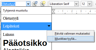 LibreOffice Writer -tekstinkäsittely 1 Tyylit ja muotoilu Yksi tärkeimmistä taidoista tekstinkäsittelyohjelmaa käytettäessä on tyylien käyttäminen. Jokaiselle kappaleelle tulee määritellä tyyli.