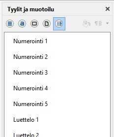 LibreOffice Writer -tekstinkäsittely 5 Luettelot ja numerointi Luettelomerkit ja numerointi voidaan lisätä yläpalkin luettelomerkit ja numerointi -painikkeista.