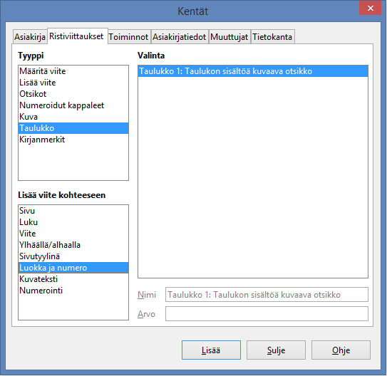 LibreOffice Writer -tekstinkäsittely 7 Ristiviiteet Asiakirjassa voidaan viitata toisiin asiakirjan osiin (kuten kuviin, taulukoihin, otsikoihin, numeroituihin listoihin ym.) ristiviitteellä.