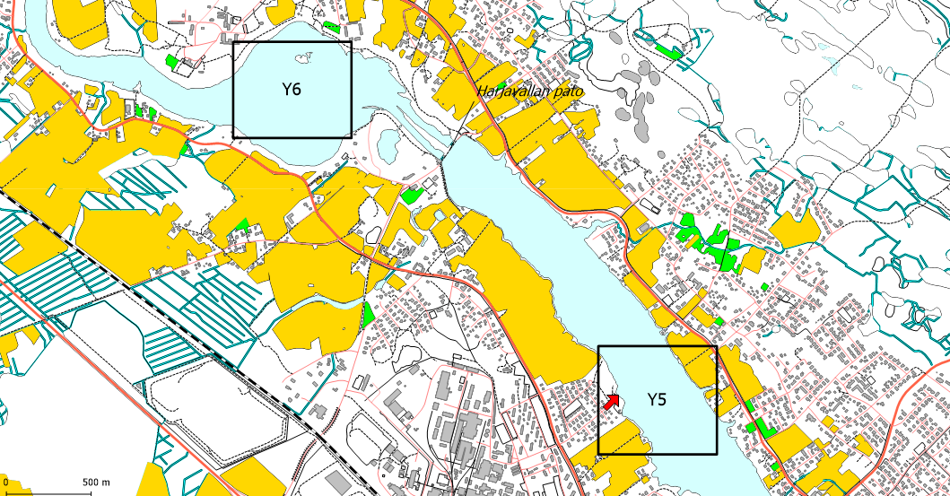 Kuva 2. Kalanäytteiden pyyntialueet Y5 (patoallas) ja Y6 (Lammaistenlahti) vuonna 215. Punainen nuoli osoittaa nikkelipäästölähteen sijainnin vuonna 214.