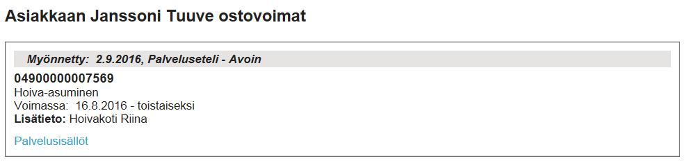 15 4 ASIAKKAAT 4.1 Asiakkaan tietojen tarkastelu Asiakkaan hakeminen tapahtuu Asiakkaat -sivun kautta nimen, henkilötunnuksen tai PSOP-järjestelmän antaman palvelusetelinumeron avulla.