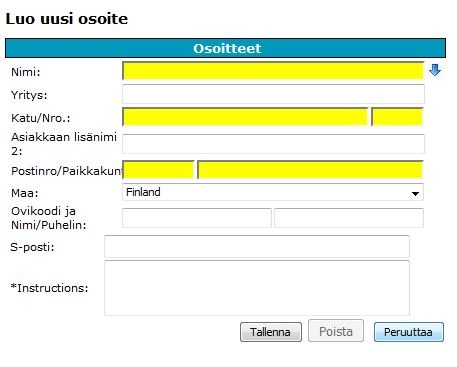 7. OSOITTEIDEN LUOMINEN Osoitteet-kohdassa voit kirjata uusia lähettäjän/vastaanottajan osoitteita ja editoida nykyisiä. 7.1.