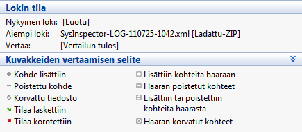 Kuvakkeella merkityt kohteet ovat vain aktiivisessa lokissa, eikä niitä ole avatussa vertailulokissa. Kuvakkeella merkityt kohteet ovat vain avatussa lokissa, eikä niitä ole aktiivisessa lokissa.