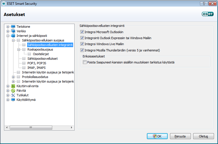 Vaikka integrointi ei ole käytössä, sähköpostisovelluksen suojausmoduuli (POP3,