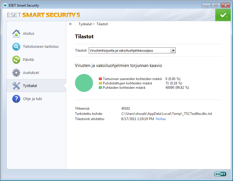 4.6.3 Suojauksen tilastotiedot Voit tarkastella ESET Smart Securityn suojausmoduuleihin liittyviä tilastotietoja valitsemalla Työkalut > Suojauksen tilastotiedot.