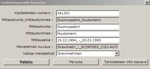 Menetelmä on valittu listasta ja mittaajan nimikirjaimet lisätty. Tarkistetaan info-kanava valinta avaa lyhyen tekstitiedoston, josta saat tietoa kuinka toimia.