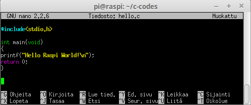 1. Komentoriviltä kääntäminen Loggaudu Mint-koneesta Putty-ohjelmalla Raspiin. Olet pi-käyttäjän kotihakemistossa. Luo sinne kansio c-codes: sudo mkdir c codes siirry sinne, anna komento cd c codes.