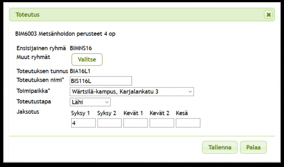 6 (10) 2 Toteutuksen lisääminen Ennen toteutusten lisäämistä Vuosisuunnitelma -näytössä on vain opintojaksojen nimet. HUOM!