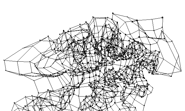SOM-kartasta muodostettu Sammon-kartta on esitetty kuvassa 4. Kartassa on paljon pisteitä, joten klusterit eivät kovin hyvin erotu toisistaan. Klusterit valittiin SOM-kartasta kuvan 5 mukaisesti.