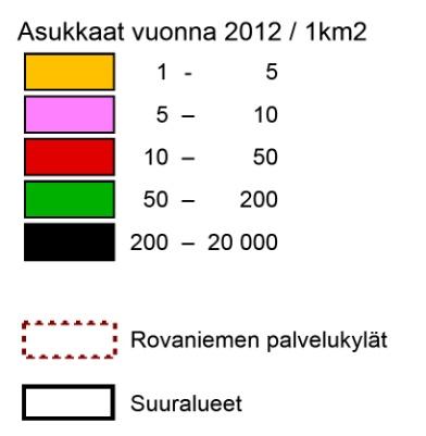 2.2. Väestön sijoittuminen 2012 Rovaniemellä väestö on keskittynyt keskustan alueelle. Väestöstä 86,1 % (52 393 asukasta) asui vuoden 2012 lopussa keskuksen suuralueella.