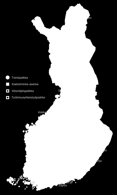 Uudistettu toimipaikkarakenne 2018 Toimipaikat Helsinki, Jokioinen, Joensuu, Oulu Turku, Jyväskylä, Seinäjoki, Kokkola, Maaninka, Paltamo, Rovaniemi Vesiviljelypaikat Enonkoski, Laukaa,