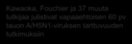 WHO kutsui koolle paneelin selvittämään tutkimusten keskeisiä, epäselviä kohtia > Tutkimukset voidaan julkaista kokonaisuudessan Kawaoka, Fouchier ja 37 muuta tutkijaa julistivat vapaaehtoisen 60 pv