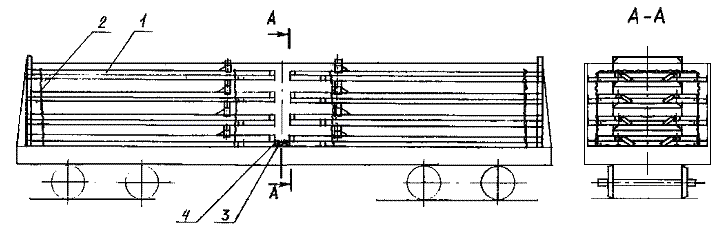 Kuva 258 1 - kehikko, jossa poikkituki kiinnitettynä; 2 - side; 3 - pitkittäinen välituki 4 - sidelauta Kehikot kuormataan vaunuun kahteen pinoon vaunun pituussuunnassa ja neljään - viiteen