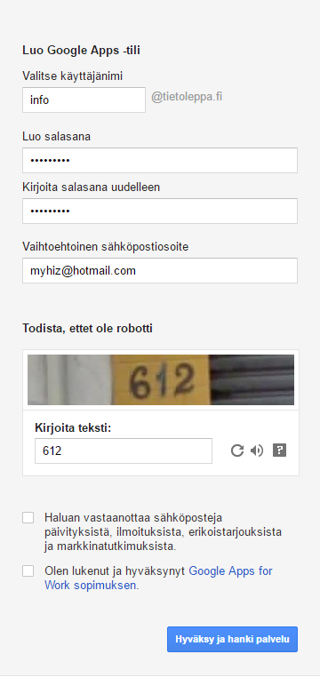 27 Kuva 11. Luo Google Apps tili [19]. Seuraavaksi Google kysyy, halutaanko juuri luotu tili määrittää Google Advisorin avulla vai halutaanko asetukset määrittää omatoimisesti.