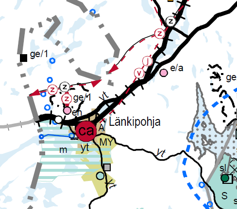 Voimajohto on esitetty yhteystarvemerkinnällä.