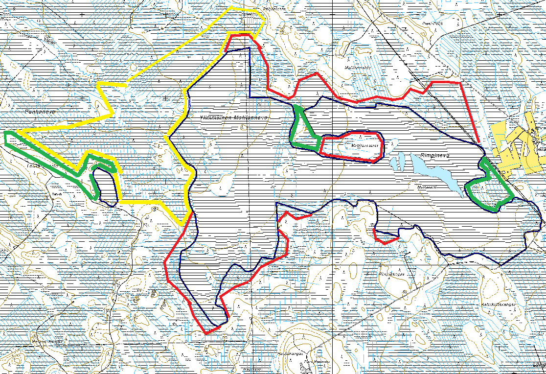 Ennen ojituksia avosuosysteemi on kuitenkin ollut yhtenäinen. Kokonaisuuteen on kuulunut myös Matilannevan länsipuolisko (keltainen, n. 200 ha).