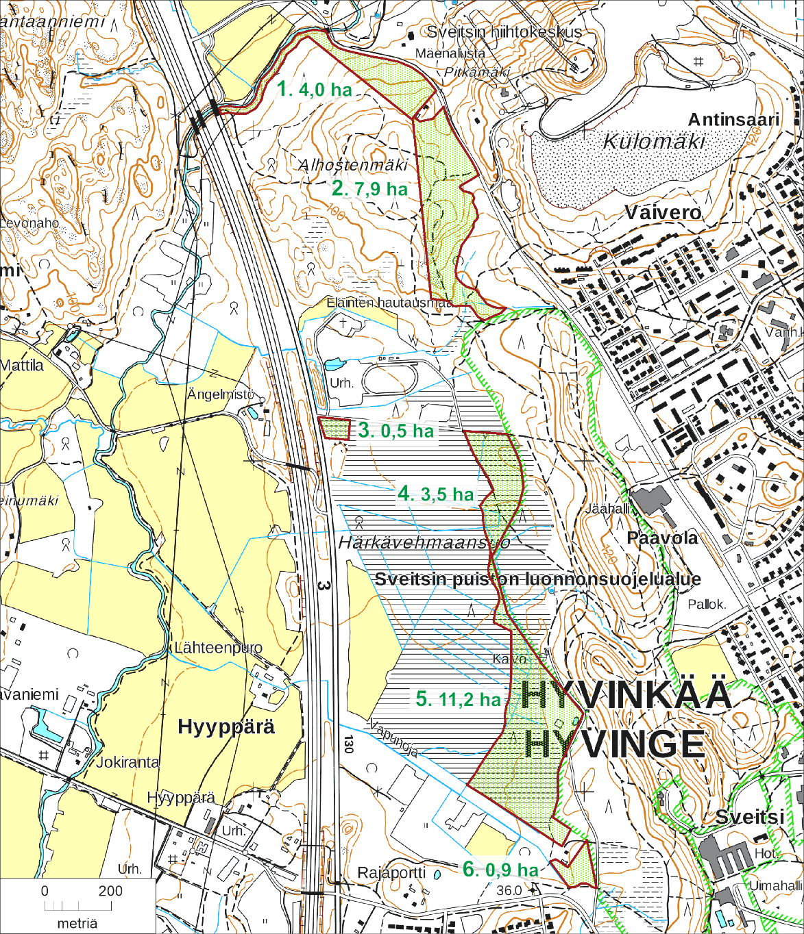 Sveitsinpuiston kasvillisuuskartoitus 2016 Kuva 1. Selvityskohteet ja niiden pinta-alat.