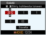 Perusasetusten määrittäminen kytkettäessä kameran virta ensimmäistä kertaa Kun akku asetetaan kameraan ensimmäisen kerran, näkyviin tulee ikkuna, jossa voidaan määrittää näytön kielen, päivämäärän ja