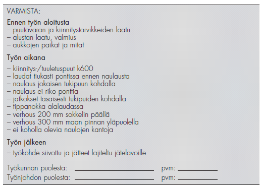 27 Kuva 12. Esimerkki puisen julkisivuverhouksen laaturaportista [12]. Työryhmän tekemä ensimmäinen työkohde voi toimia mallityönä.