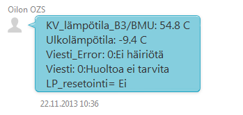 Tekstiviestikomennot -> Esimerkkejä Kaikkien tilatietojen kysyminen (salasanakysely pois päältä) Esimerkkiä luetaan alhaalta