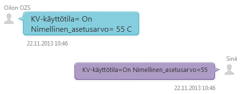 Tekstiviestikomennot -> Esimerkkejä Usean asetusarvon muuttaminen kerralla (salasanakysely pois päältä) Esimerkkiä luetaan alhaalta ylöspäin Laite ilmoittaa asetusarvojen muutoksesta.