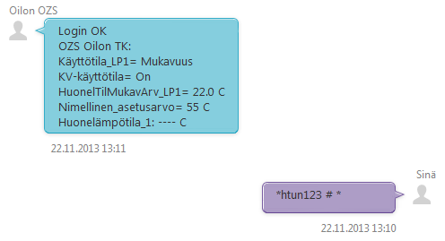 Tekstiviestikomennot -> Esimerkkejä Salasanalla kirjautuminen ja tilatietojen pyytäminen yhdellä viestillä Esimerkkiä luetaan alhaalta ylöspäin.