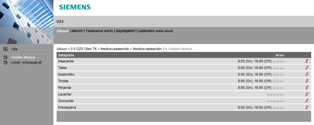 Päätaso > Ilmoitusvastaanotin X > Viestien lähetys Kullekin ilmoitusvastaanottimelle voi asettaa viikkoaikataulun.