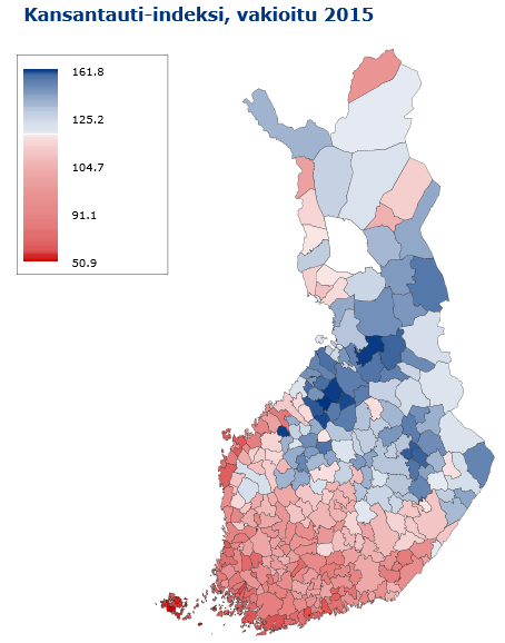 Kaikki ikäryhmät: Kelan kansantauti-indeksi Kelan kansantauti-indeksi kasvoi vuonna 2015. Indeksiluku (119,7) on selvästi koko maan tasoa (100) suurempi.